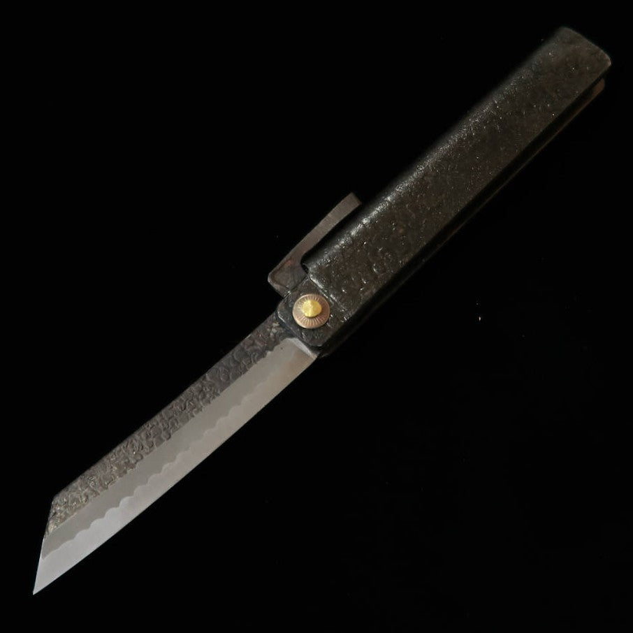 冨田作 肥後小刀 極軟鉄鍛造 特大ナイフ型 黒打ち 鎚目 桐箱・収納袋付き (90mm)