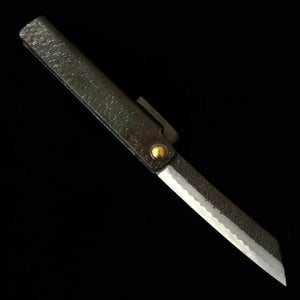 TOMITA SAKUZO Higo Pocket Knife, Soft Iron Forged, Extra Large Knife Shape, Kurouchi Hammered Finish with Paulownia Box and Pouch (90mm)