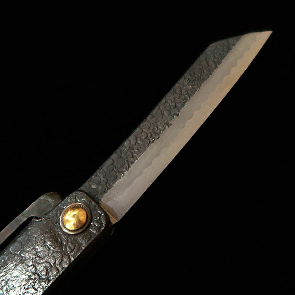 TOMITA SAKUZO Higo Pocket Knife, Soft Iron Forged, Extra Large Knife Shape, Kurouchi Hammered Finish with Paulownia Box and Pouch (90mm)
