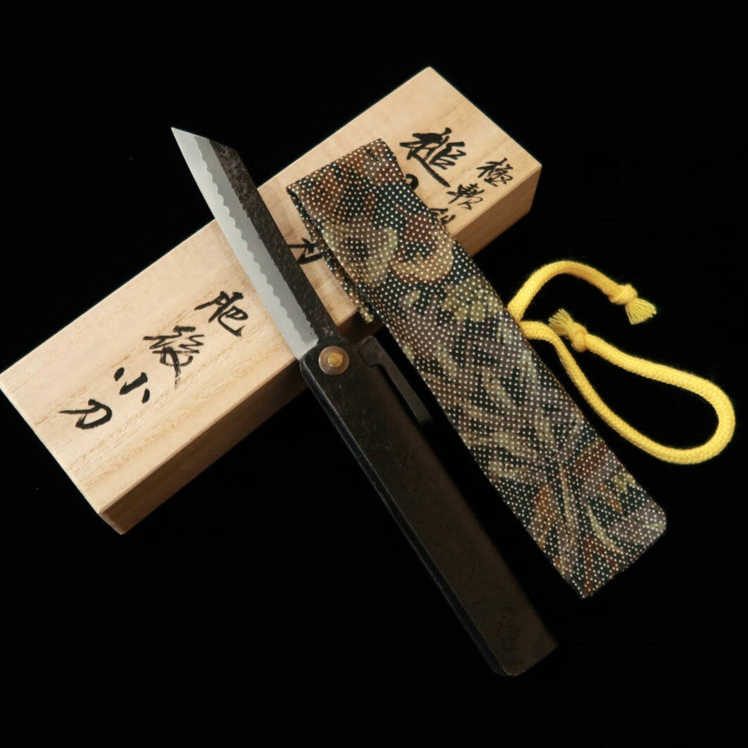 TOMITA SAKUZO Higo Pocket Knife, Soft Iron Forged, Extra Large Knife Shape, Kurouchi Hammered Finish with Paulownia Box and Pouch (90mm)