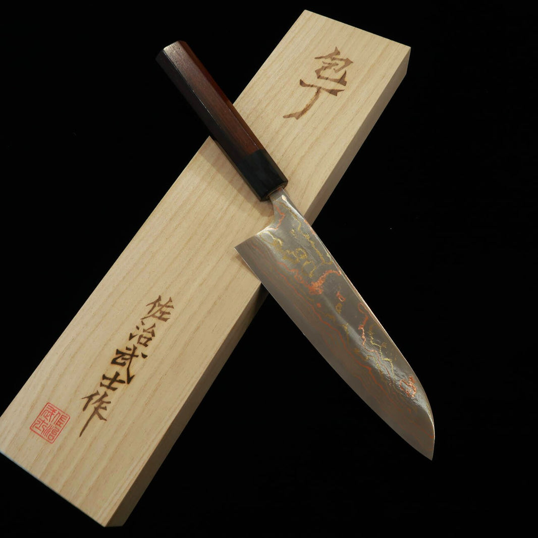 佐治武士SAJI TAKESHI 青二鋼 有色ダマスカス 三徳 紫檀八角柄 (180mm)