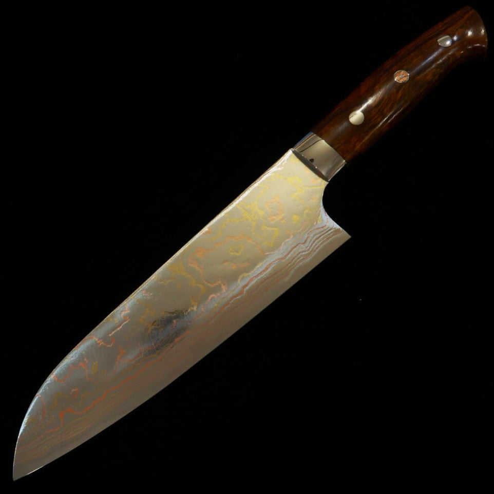 佐治武士SAJI TAKESHI 青二鋼 有色ダマスカス 三徳 アイアンウッドハンドル (180mm)
