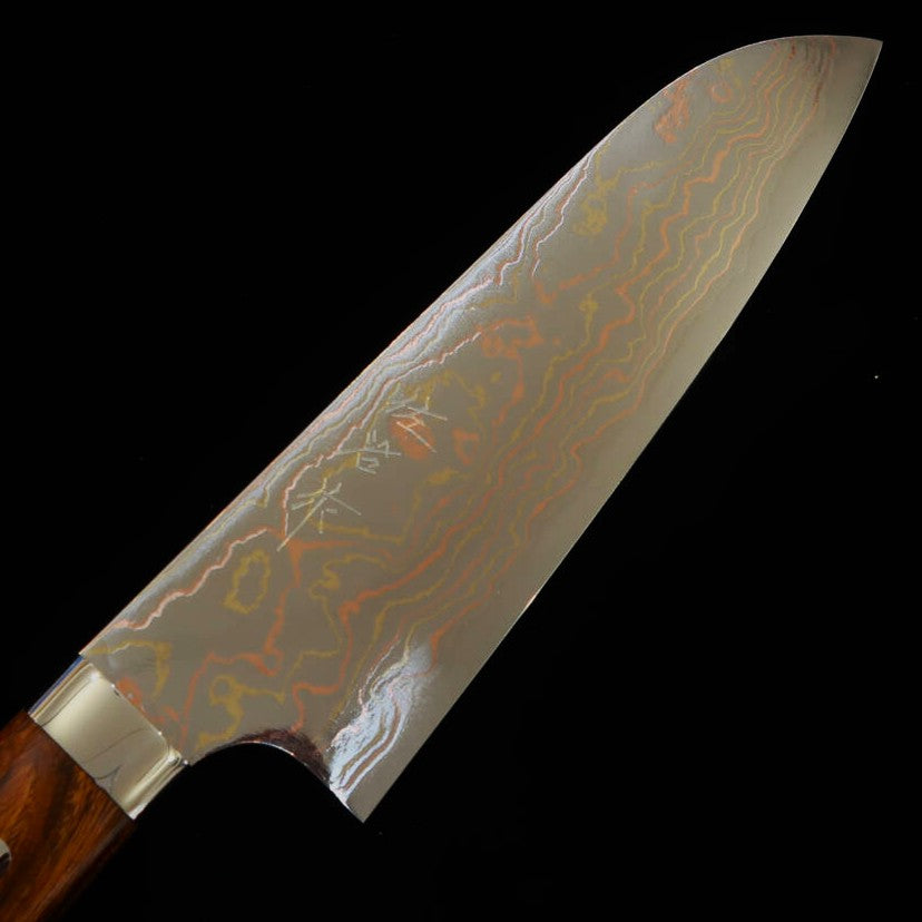 佐治武士SAJI TAKESHI 青二鋼 有色ダマスカス 三徳 アイアンウッドハンドル (180mm)