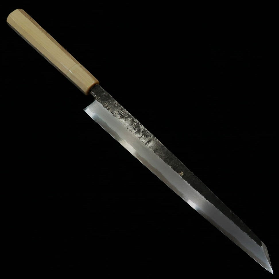 MIURA Itadaki Kiritsuke Yanagiba acier blanc n°2, finition noire, manche octogonal en magnolia et buffle blanc (270/300 mm)