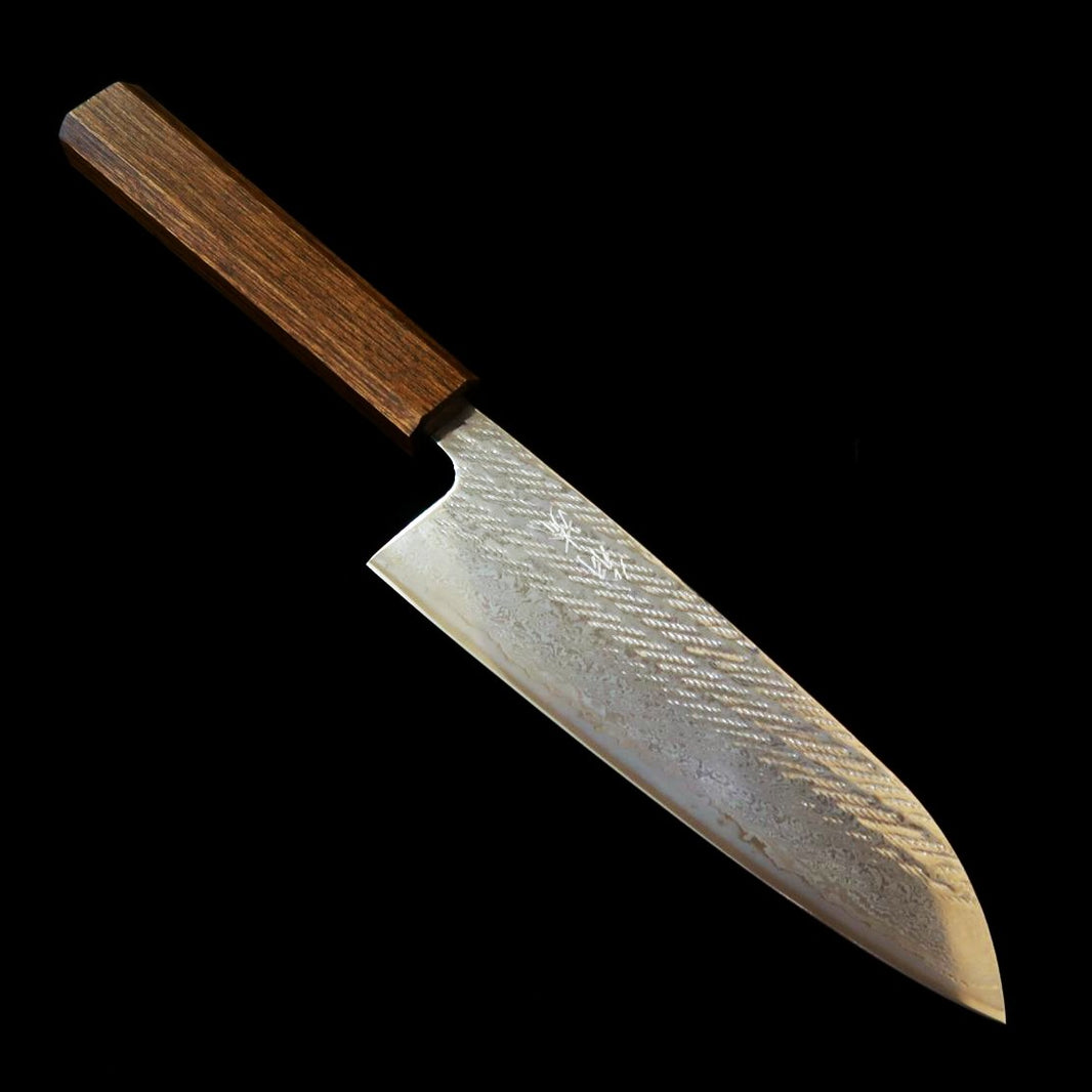 HADO – Série Okina-ryu, acier Gin-3, motif torsadé damas, manche en chêne vert, santoku (165 mm)