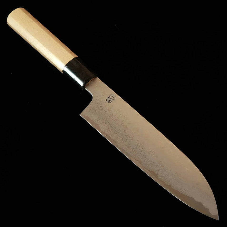 SAKAI KIKUMORI Kikutsuki Uzu santoku Ao-gami #1 damasco, mango de magnolia octogonal (180 mm)