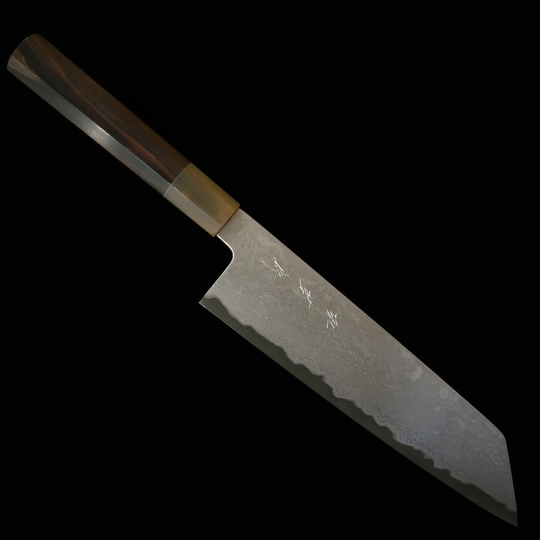 SAKAI KIKUMORI Yogiri – gyuto kiritsuke, Aogami Super, damas, manche octogonal en ébène avec virole en corne de buffle blanche (225 mm)