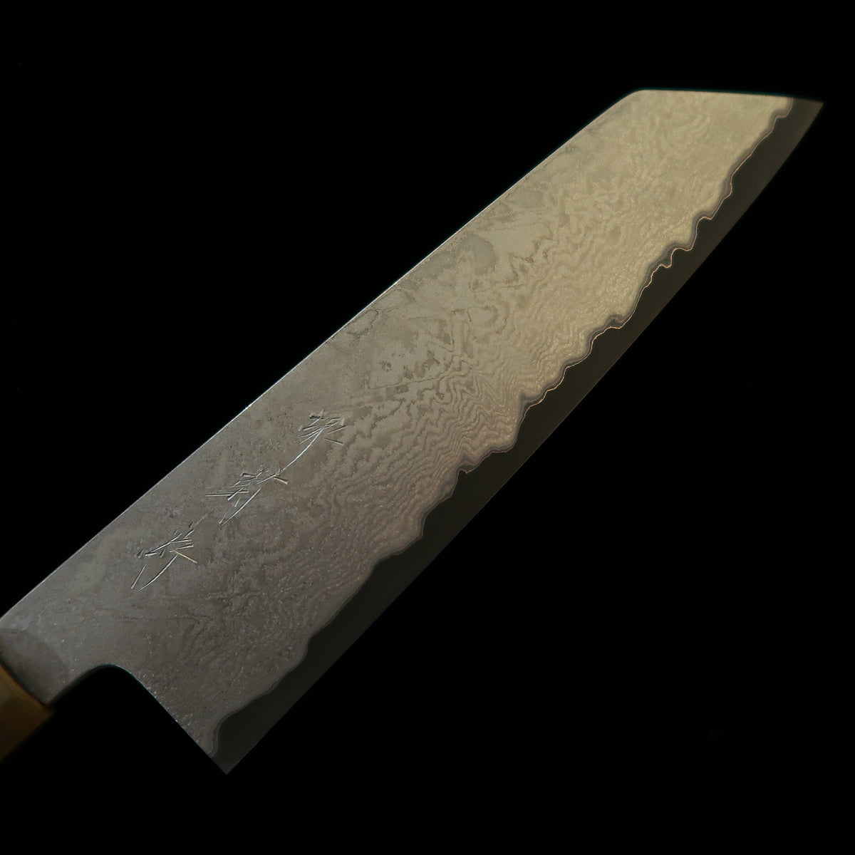 Sakai Kikumori SAKAI KIKUMORI Yogiri gyuto kiritsuke, Aogami Super, Damasco, cabo octogonal em ébano com chifre branco (225 mm)