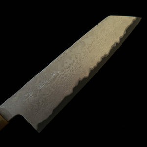 Sakai Kikumori SAKAI KIKUMORI Yogiri gyuto kiritsuke, Aogami Super, Damasco, cabo octogonal em ébano com chifre branco (225 mm)