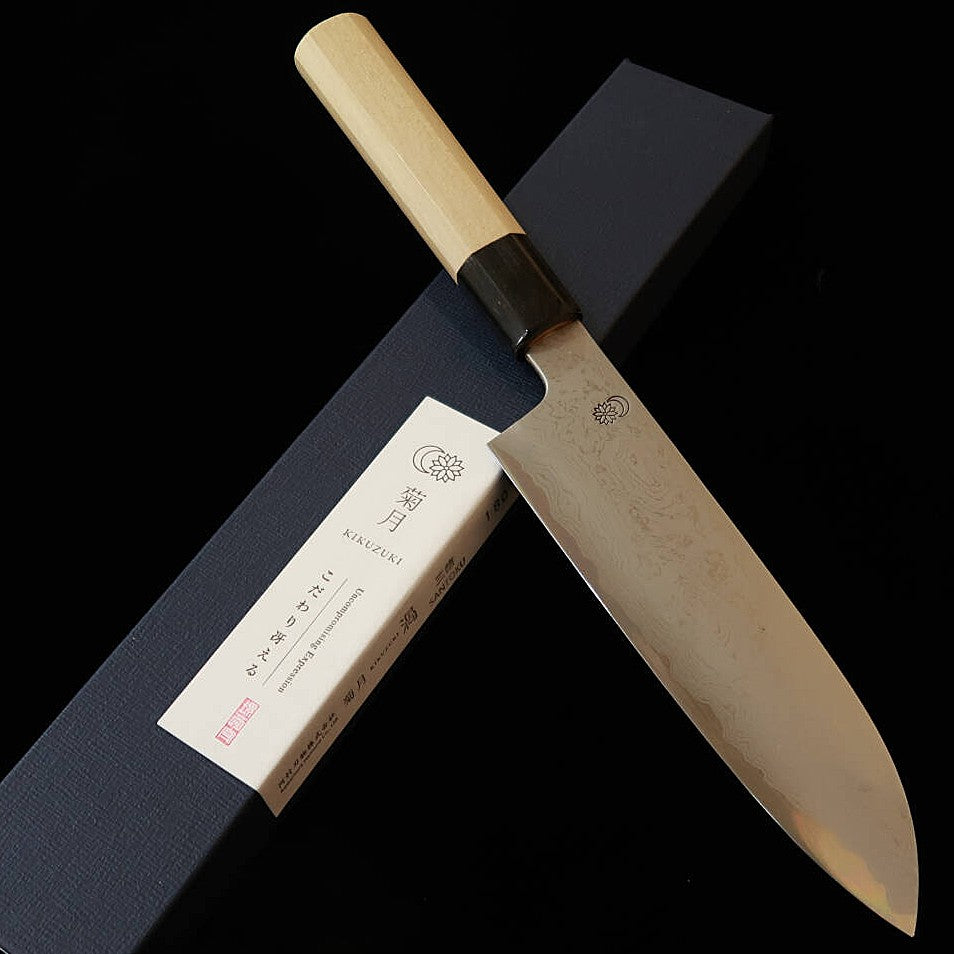 堺菊守 SAKAI KIKUMORI 菊月 渦 三徳 青紙一号 ダマスカス 朴八角柄 (180mm)
