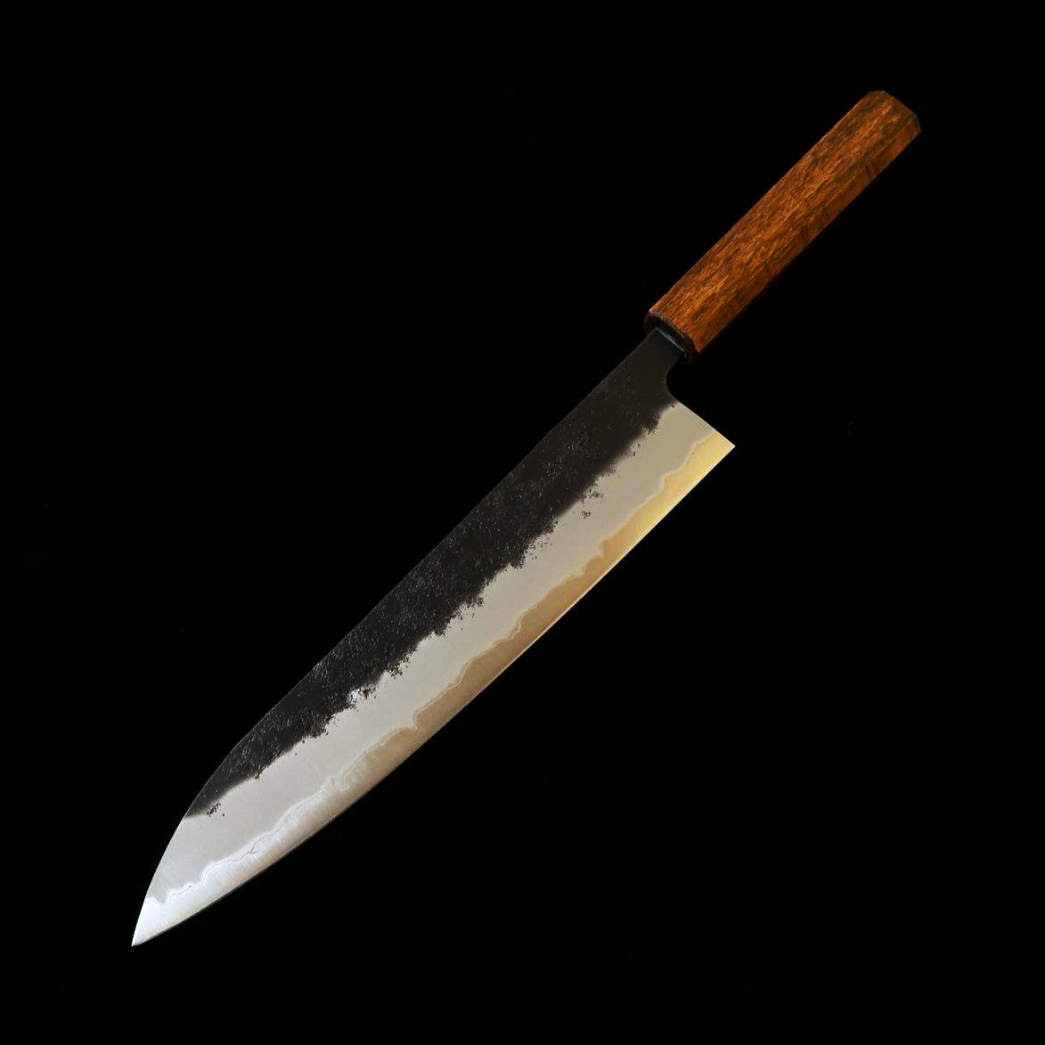 HADO Gyuto, Okina-ryu series, Super Blue Stainless Clad, Black-Stained, Pear-Skin Finish with Black Oak Handle (240mm)
