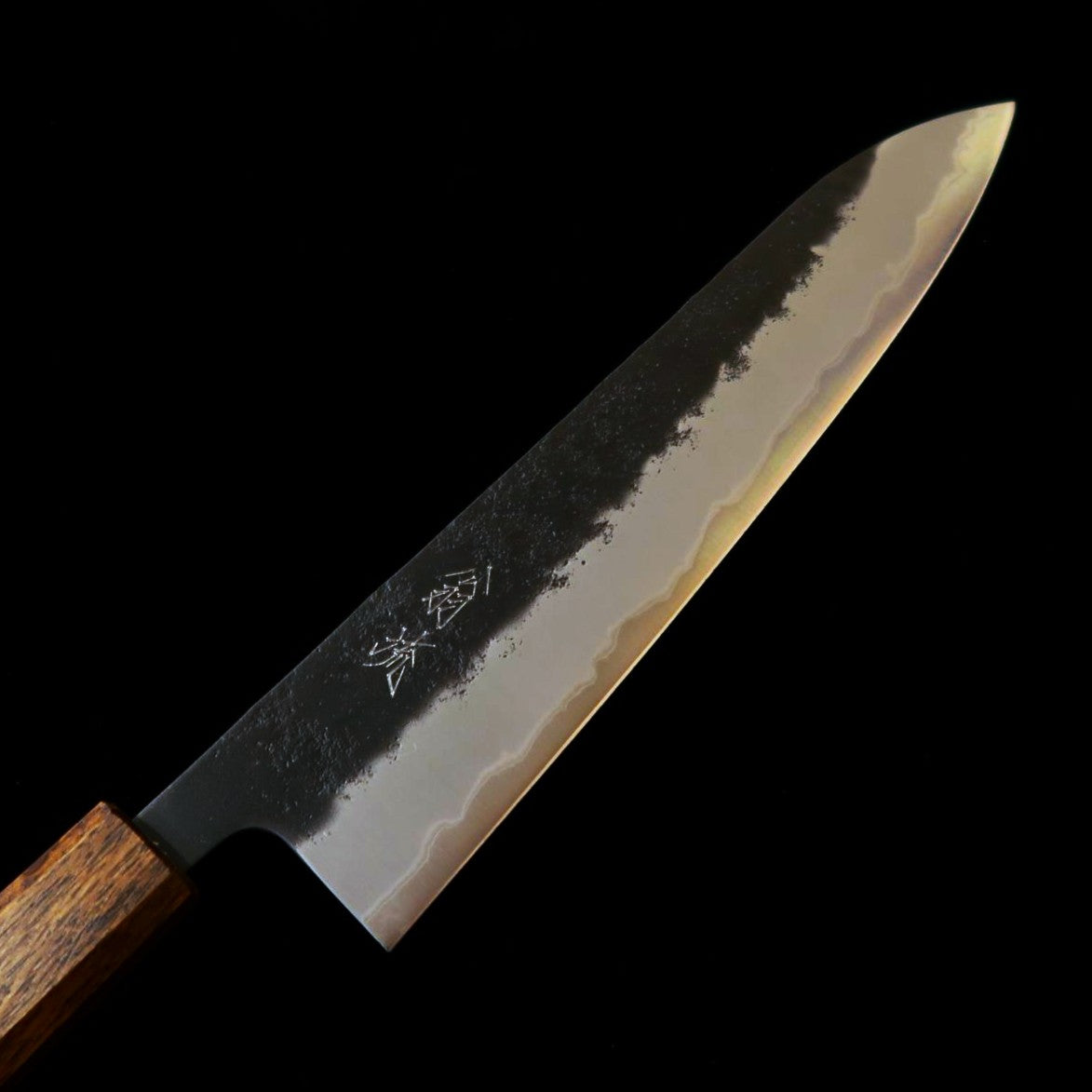 HADO Gyuto, Okina-ryu series, Super Blue Stainless Clad, Black-Stained, Pear-Skin Finish with Black Oak Handle (240mm)