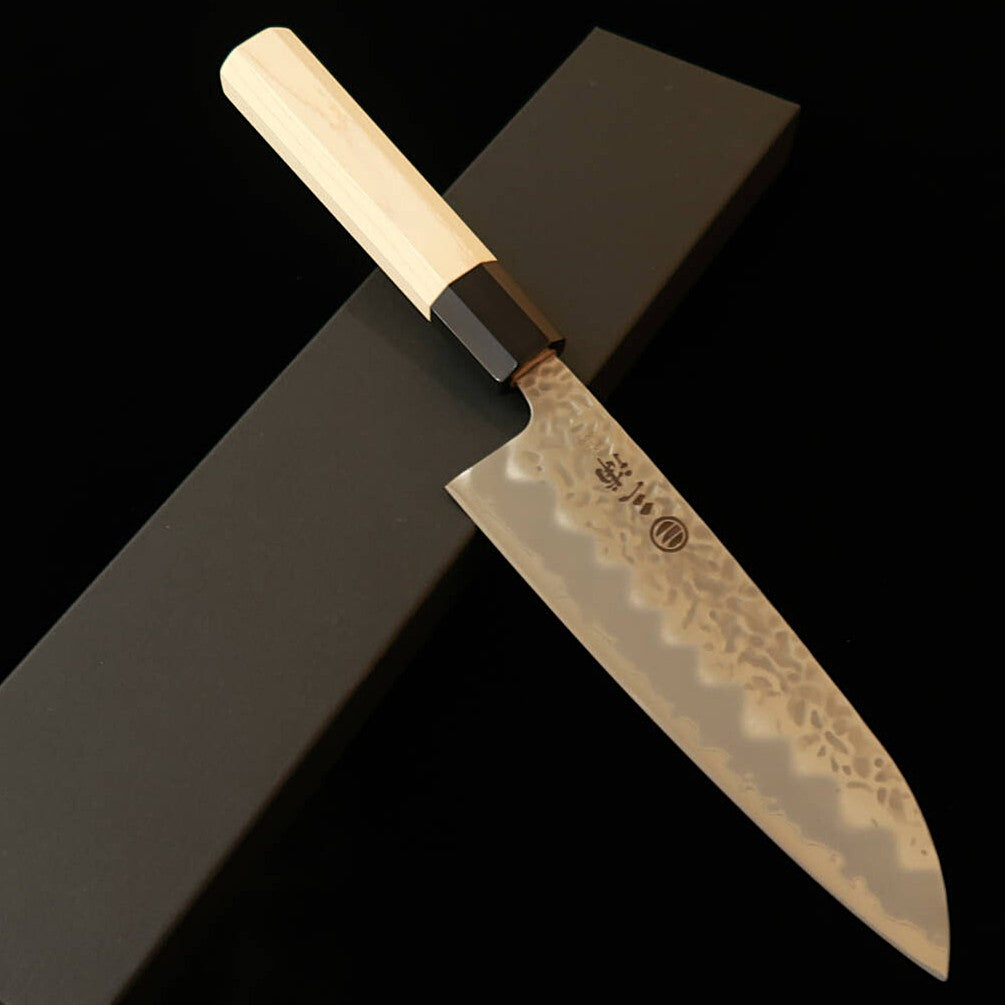 Faca Santoku MIURA Aogami Nº 1, Acabamento martelado fosco, Cabo Octogonal em Bordo (165 mm)