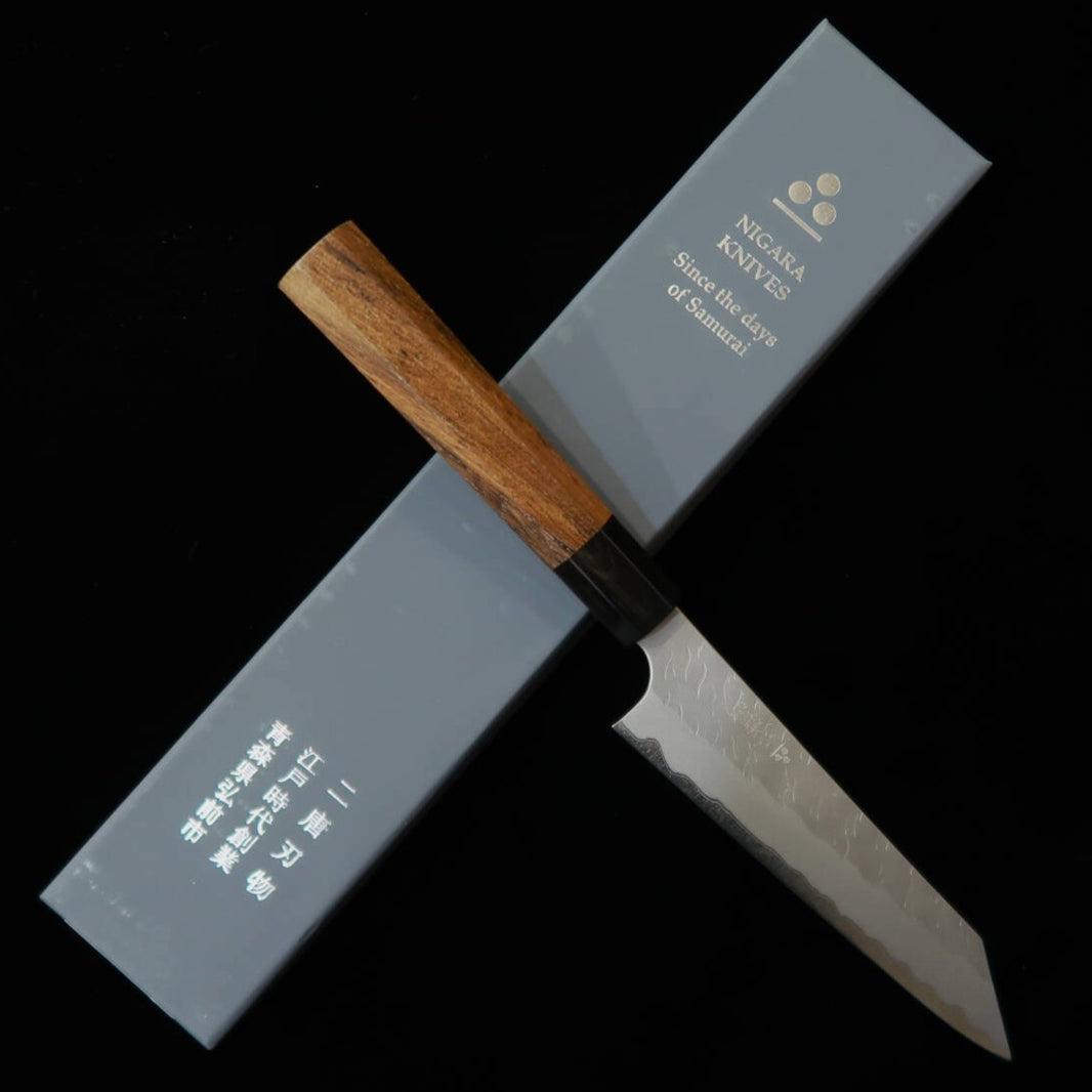Nigara Kiritsuke Petty Aogami Super Hammered Teak Handle (95/150mm)