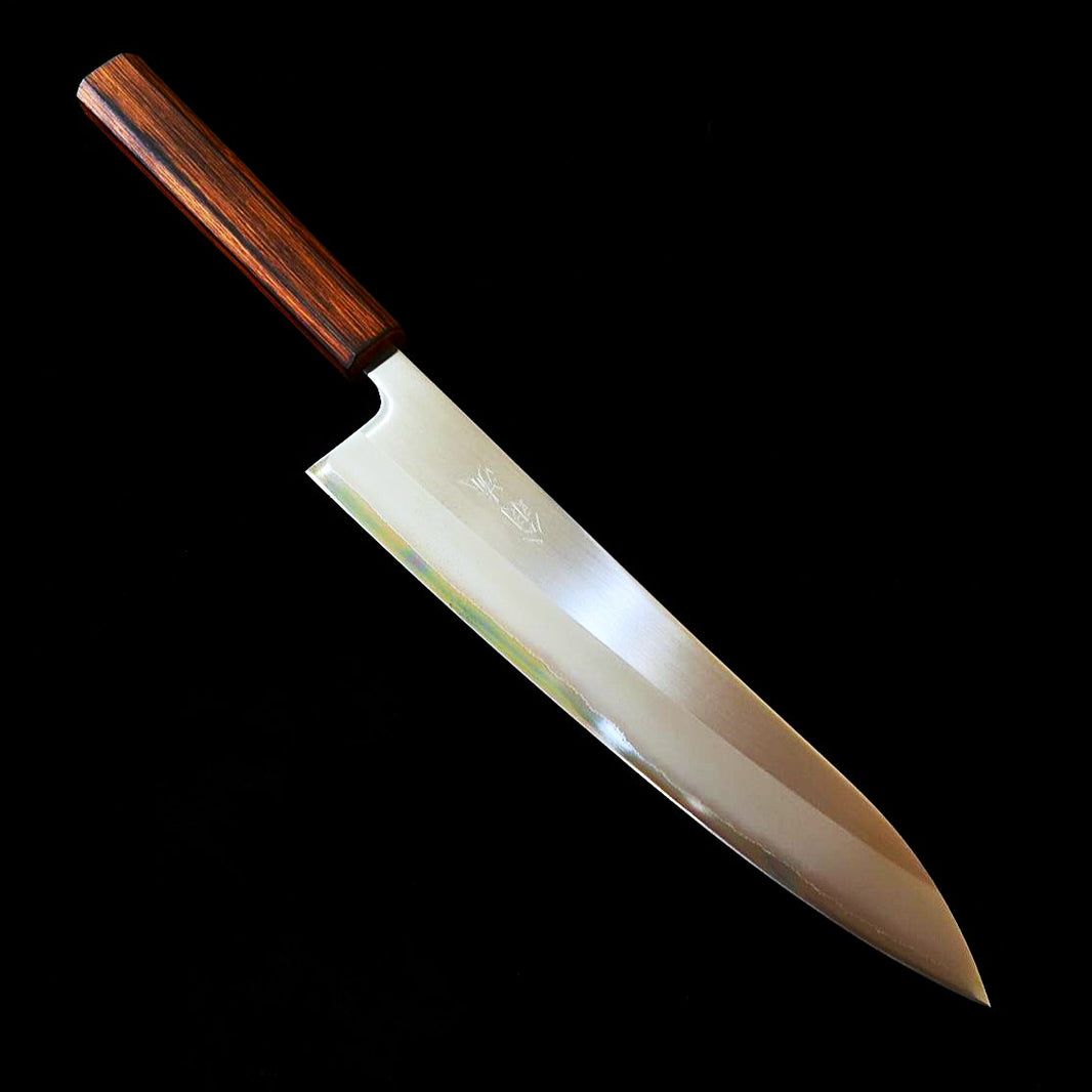 HADO Oinaru acero Shiro-gami #1, sanmai con cladding inoxidable, mango de roble ahumado negro, gyuto (240 mm)