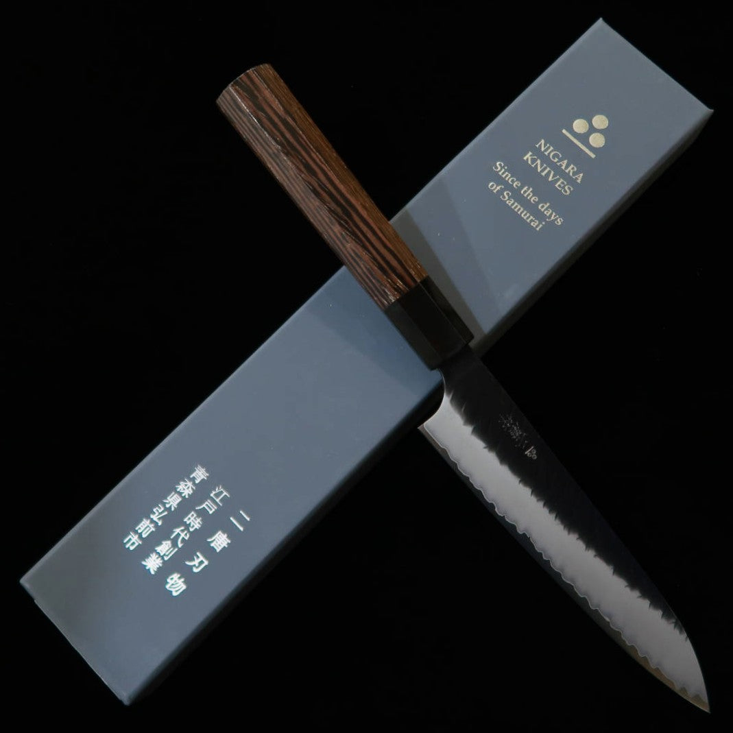 二唐刃物鍛造所 NIGARA ペティ SG2 鎚目 黒打 ウェンジ八角柄（150mm）