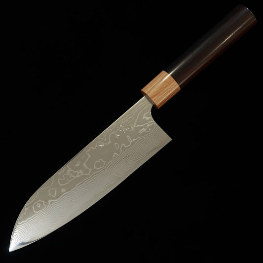 Yuta Katayama VG10 Damasco Acabamento Polido Santoku Cabo de Ébano Roxo em formato de castanha (170mm)