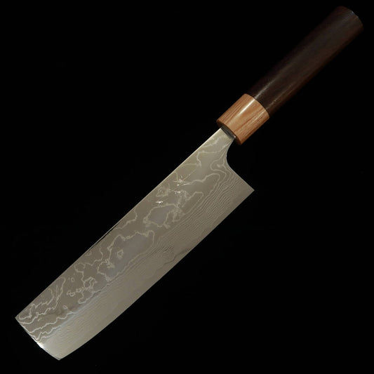 Nakiri Yuta Katayama VG10 acabamento polido em damasco e cabo de jacarandá castanho (170mm)