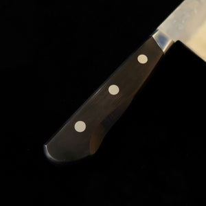 Minamoto Kotetsu santoku, aço Yasugi Aogami #2, acabamento nashiji, com tsuba, cabo em laminado preto (180 mm)