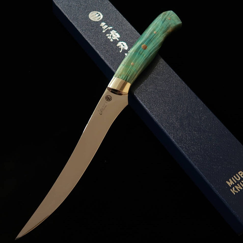 Asurah Knives × MIURA, SUS420J2 Mirror Polish with Custom Green Handle Fillet Knife (160mm)