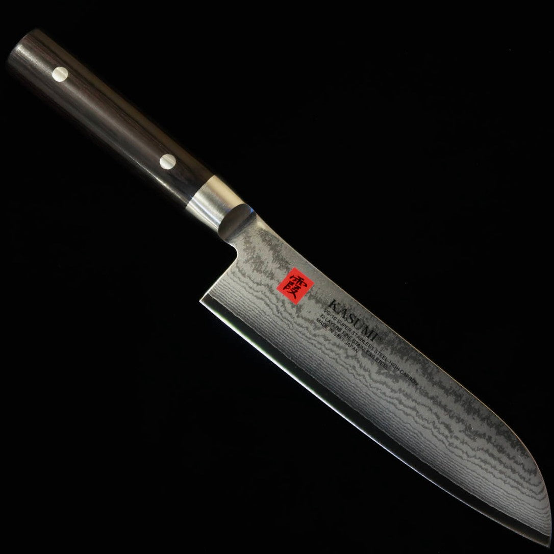 Couteau Santoku Kasumi VG10 Damas avec manche en bois composite noir par Sumikama (180 mm)
