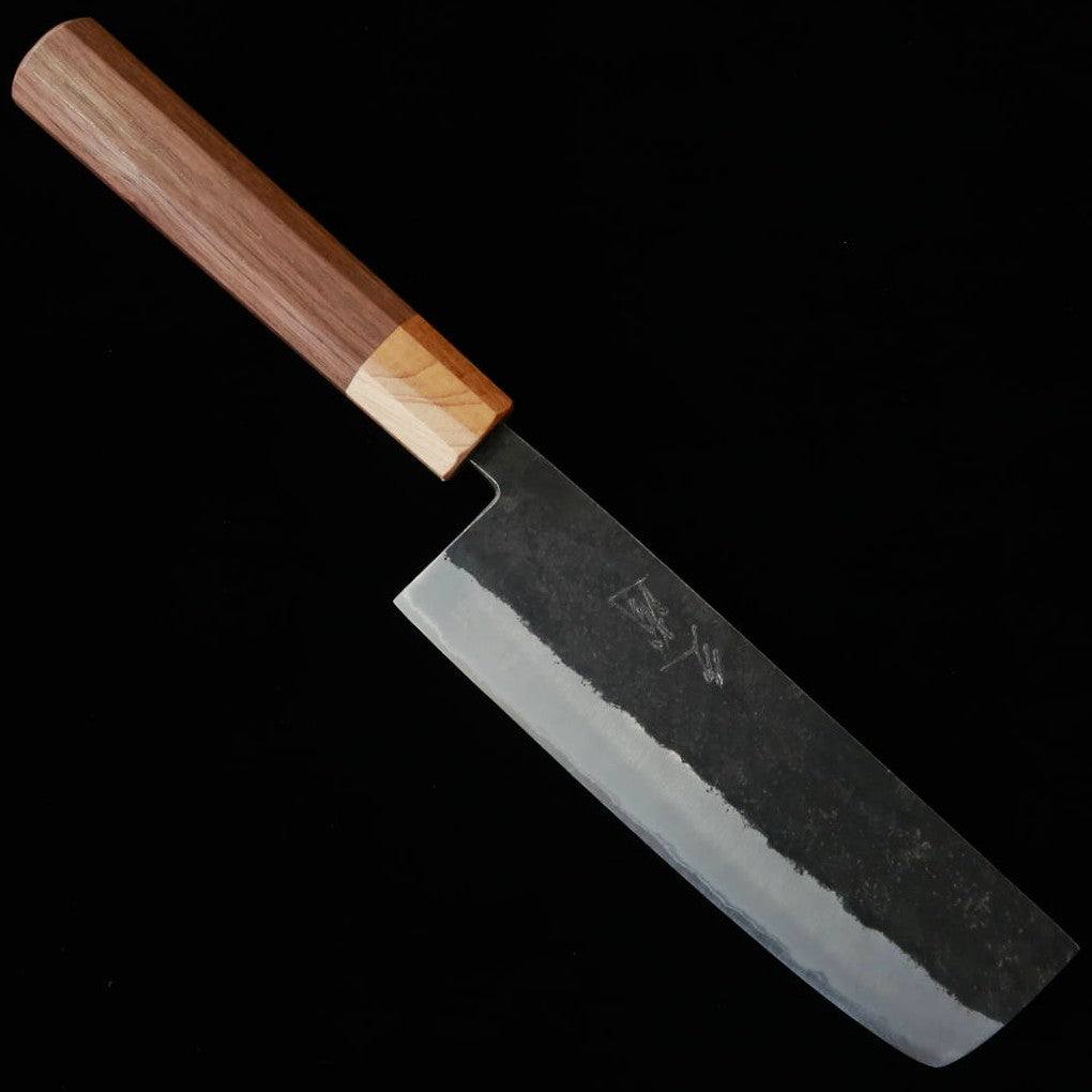 MIURA couteau nakiri acier bleu n°2 sandwich inox finition noircie manche octogonal noyer/orme du Japon (160 mm)