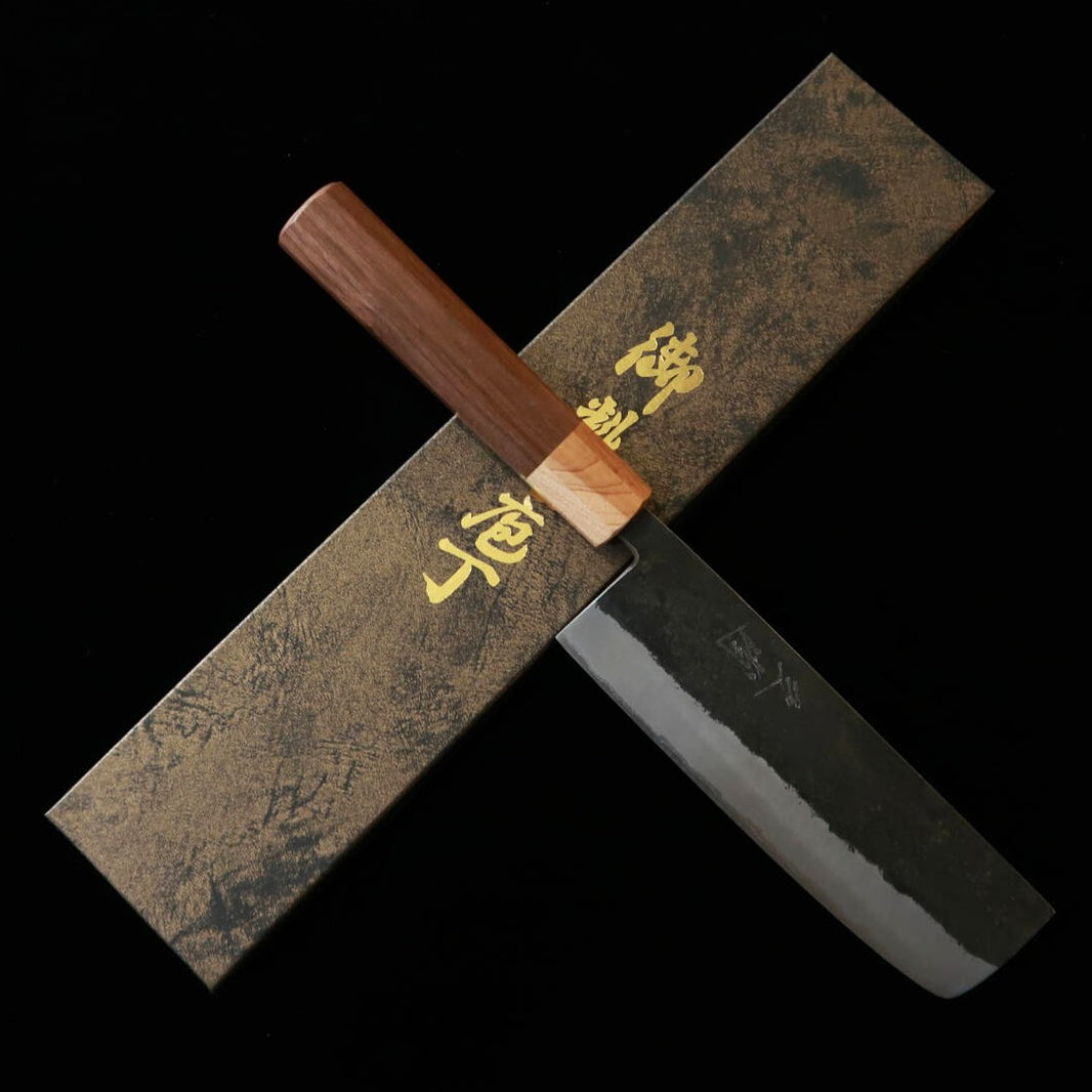 MIURA couteau nakiri acier bleu n°2 sandwich inox finition noircie manche octogonal noyer/orme du Japon (160 mm)