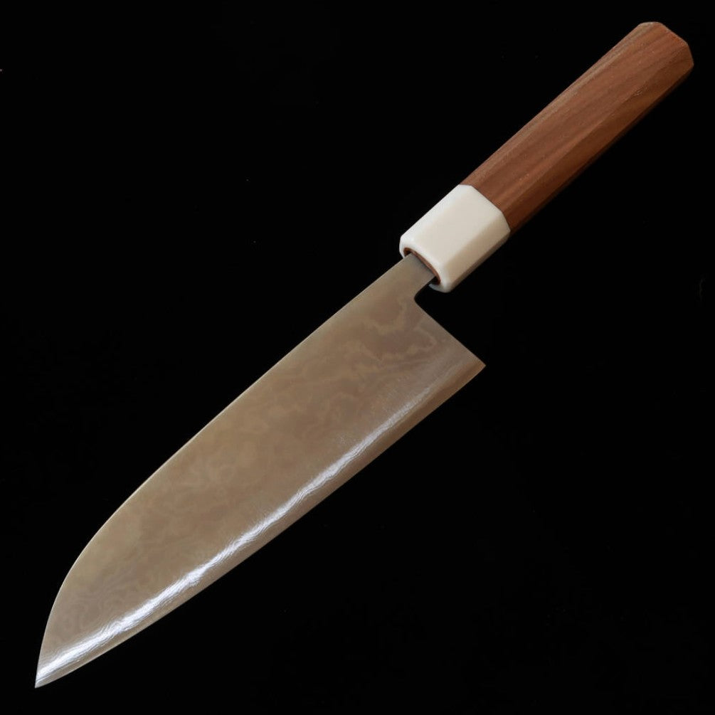 三浦 MIURA 三徳 青紙二号 ステン割込 ニッケル ダマスカス ウォールナット柄（165mm）