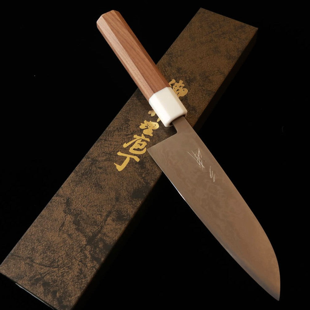 三浦 MIURA 三徳 青紙二号 ステン割込 ニッケル ダマスカス ウォールナット柄（165mm）