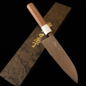 三浦 MIURA 三徳 青紙二号 ステン割込 ニッケル ダマスカス ウォールナット柄（165mm）