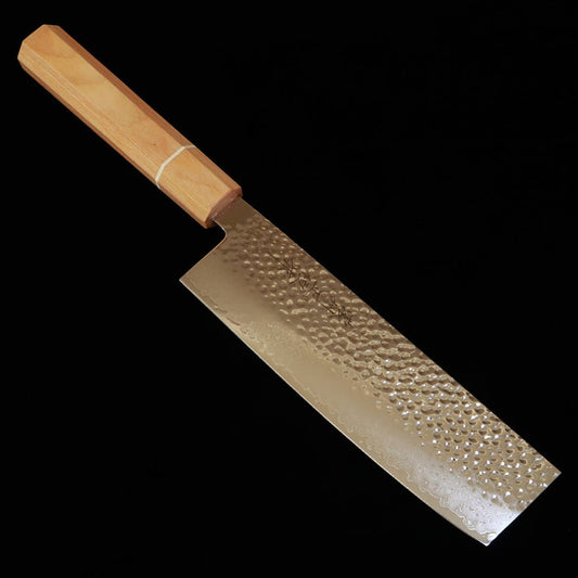 Faca Nakiri V.ROAD Nosyu Masamune Aço VG10, Damasco 33 Camadas com Acabamento Tsuchime e Cabo de Madeira Laminada Reforçada Branca (170mm)