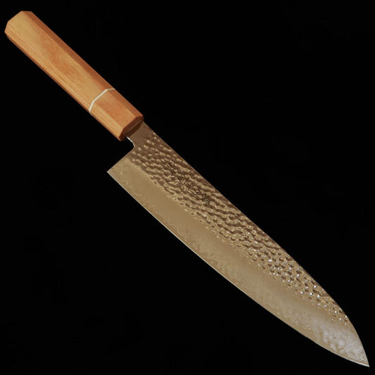 Faca Gyuto V.ROAD Nosyu Masamune VG10 Tsuchime Aço Damasco 33 Camadas Cabo Madeira Composta Branca (210mm)