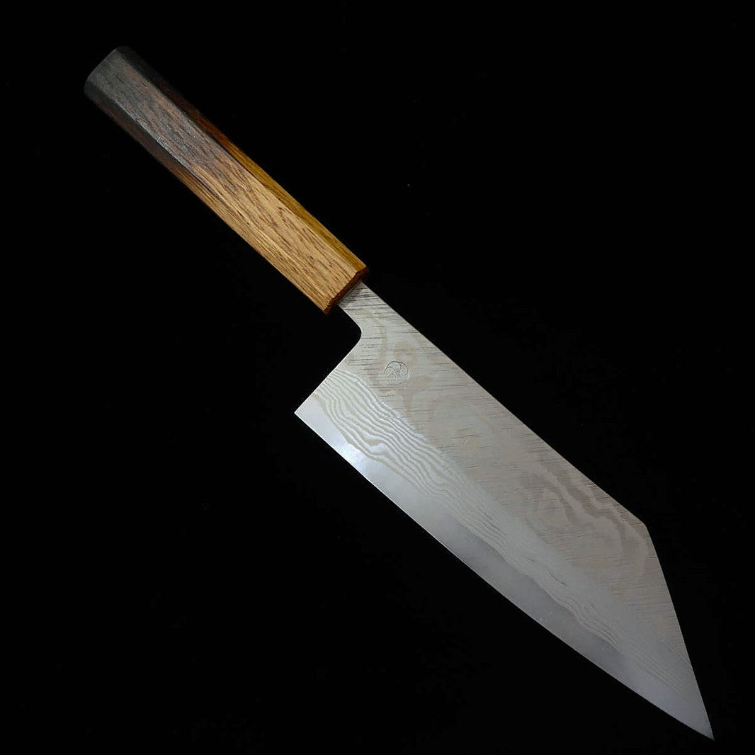 Miyazaki Kajiya – Gin-3, damas martelé, traitement cryogénique « Sub‑Zero » – série Camélia – bunka – manche en chêne laqué (180 mm)