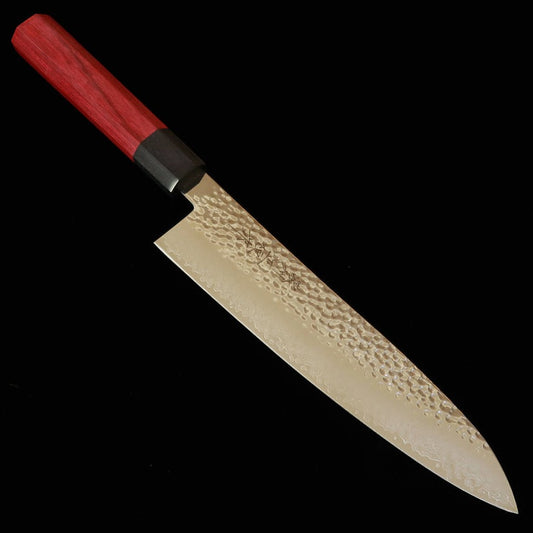Faca Gyuto V.ROAD Nosyu Masamune VG10 33 Camadas Damasco com Acabamento Tsuchime Cabo em Madeira Laminada Vermelha e Preta (210mm)
