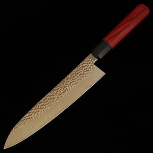 V.ROAD Nosyu Masatsune, gyuto VG10, acabado martillado, damasco de 33 capas, mango de laminado reforzado rojo × negro (210 mm)