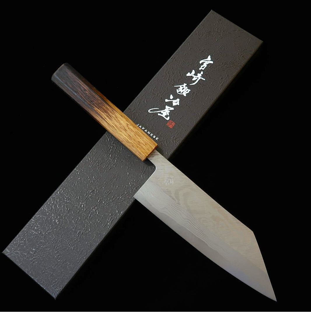 Miyazaki Kajiya – Gin-3, damas martelé, traitement cryogénique « Sub‑Zero » – série Camélia – bunka – manche en chêne laqué (180 mm)