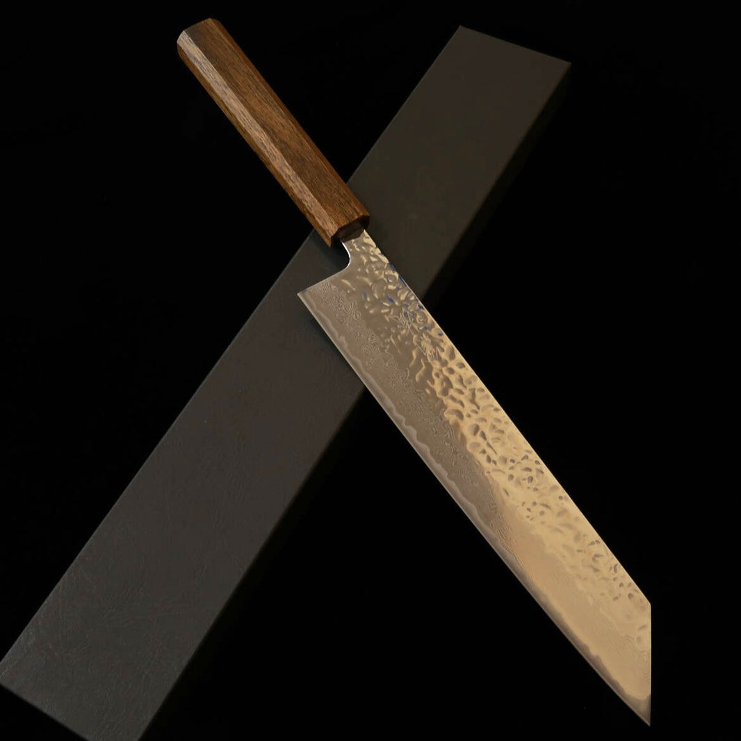 HADO Hado Okina-ryu AUS-10 martelé, miroir, damas, manche en chêne noir, Gyuto kiritsuke (240 mm)