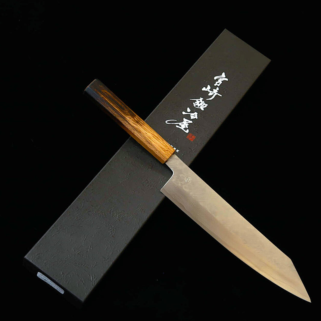 MIYAZAKI KAJIYA – ZA18, martelé damas subzéro « Tsubaki », kiritsuke gyuto, manche en chêne laqué (240 mm)