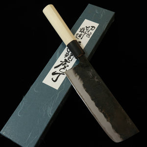 MIURA – Couteau nakiri forgé, acier Shirogami n°2, finition kuro-uchi, manche à bague buffle rayée (170 mm)