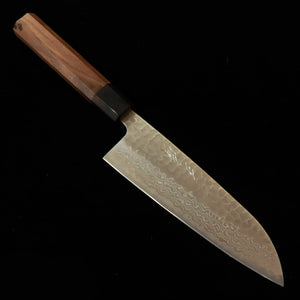 MIURA Santoku, Ginsan no. 3, 33-Layer Nickel Damascus Tsuchime with Black Pakkawood Ferrule and Walnut Handle (165mm)  