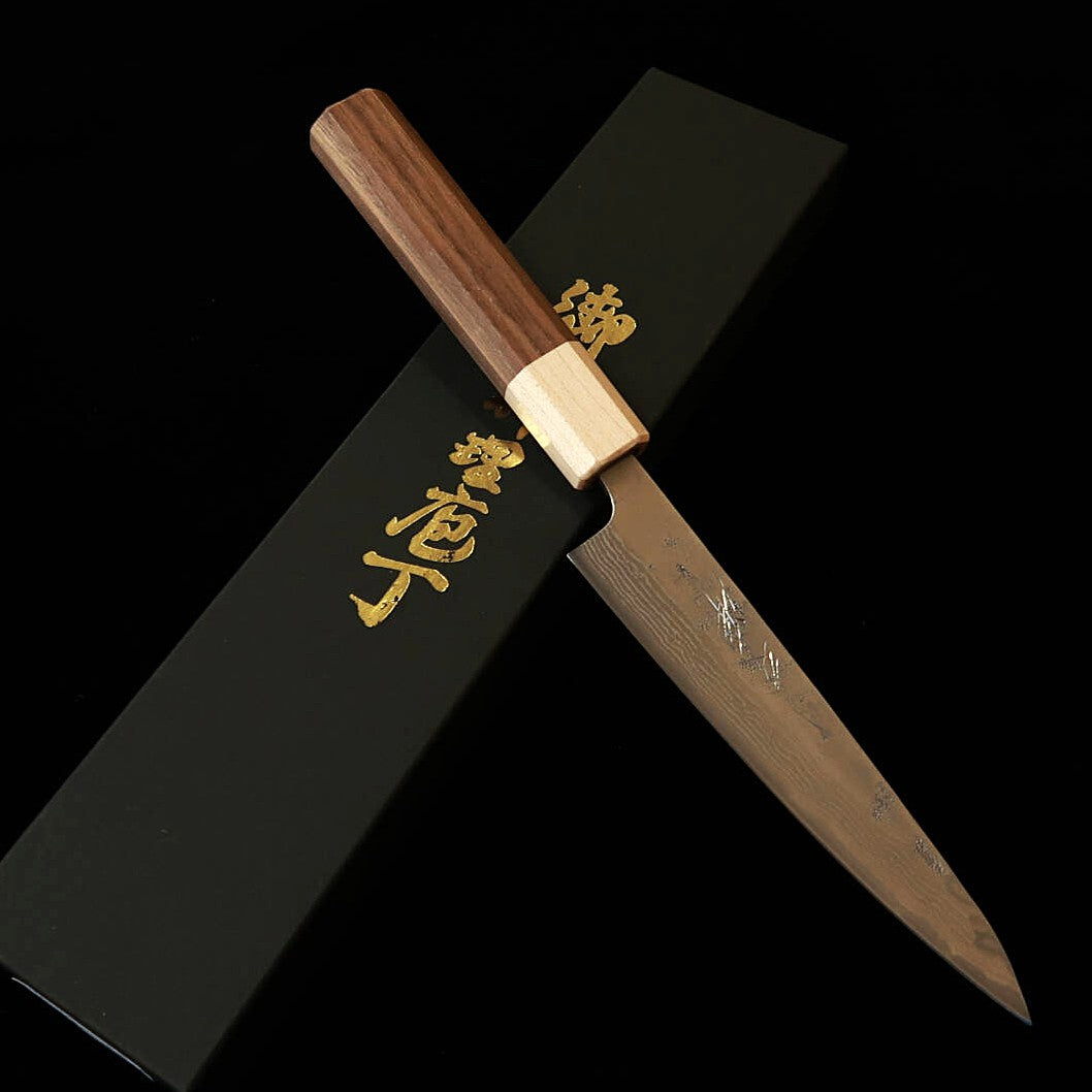 三浦MIURA ペティ スウェーデン鋼 ニッケルダマスカス 33層 和紙地 メープル口ウォルナット柄（135mm）