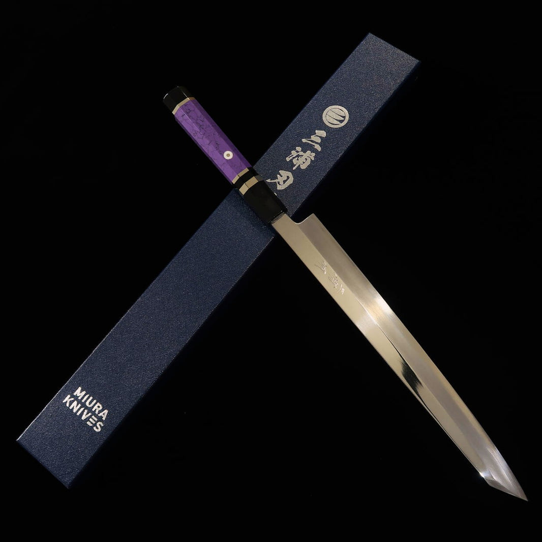 Miura佩 MIURA Obidama Kiritsuke Yanagiba pour gaucher, Ginpaku n°3, finition miroir, manche custom - violet - (270/300 mm)