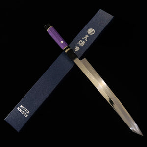 Kiritsuke Yanagiba MIURA OBIDAMA Nakagawa Satoshi, Ginsan acabado espejo, filo unilateral para zurdos, mango personalizado -púrpura- (270/300 mm)