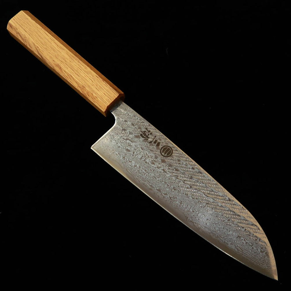 MIURA – Santoku acier Gin-3, motif cordage, damas, manche octogonal en chêne clair transparent (165 mm)