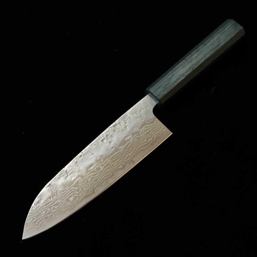 MIURA santoku aço sueco, acabamento nashiji, damasco, cabo octogonal índigo (165 mm)