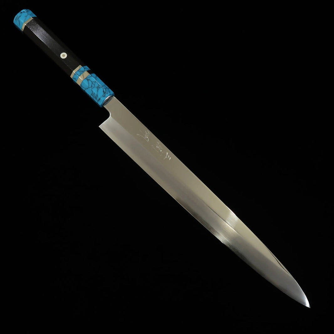 MIURA Obidama Yanagiba VG10, finition miroir, manche turquoise (270/300 mm)