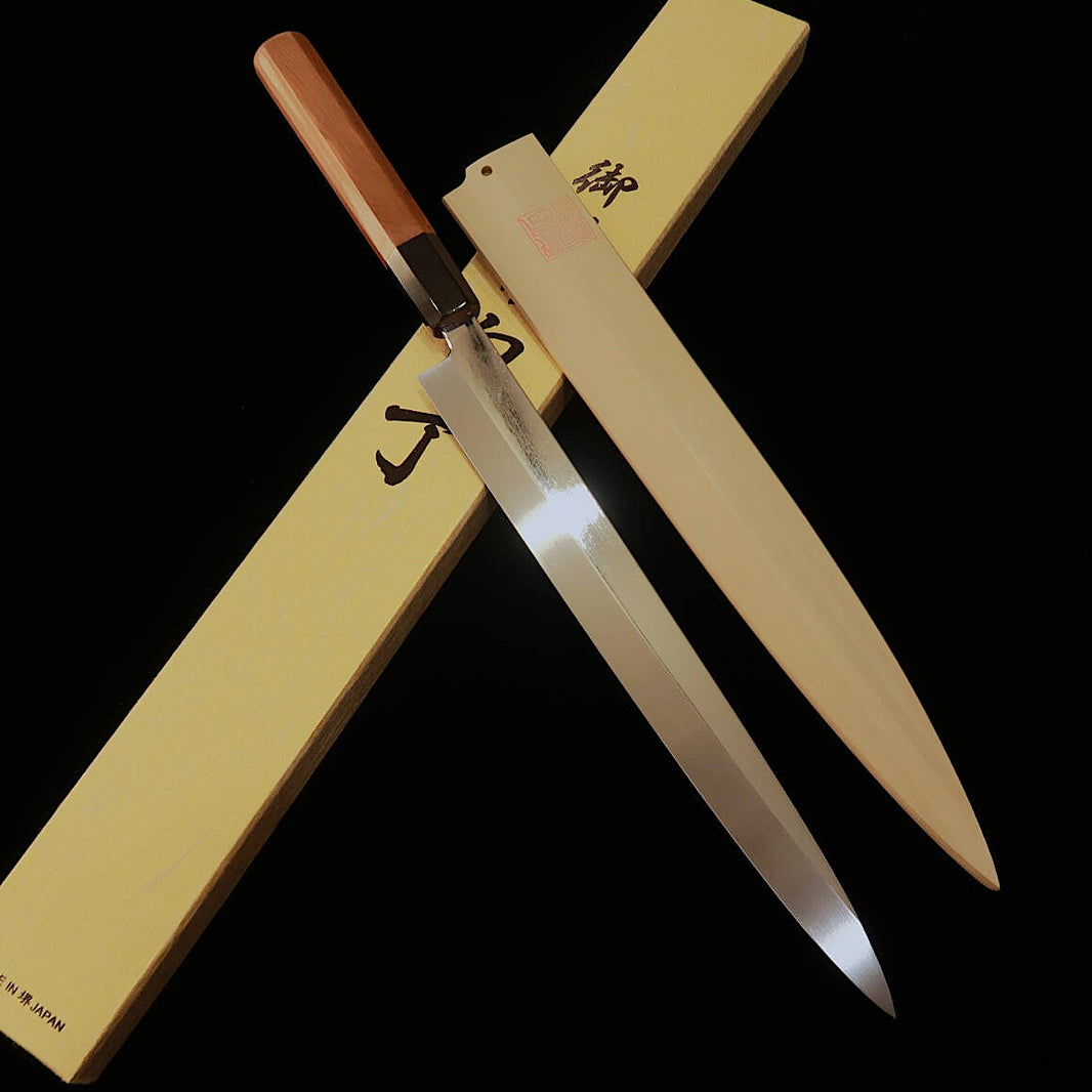 YOSHIHIRO Gōuemon no Jō Yoshihiro cuchillo para fugu, temple integral Mizumoto, acero Shirogami nº 2, acabado espejo, mango octogonal de ichii con funda de magnolia (270 mm)