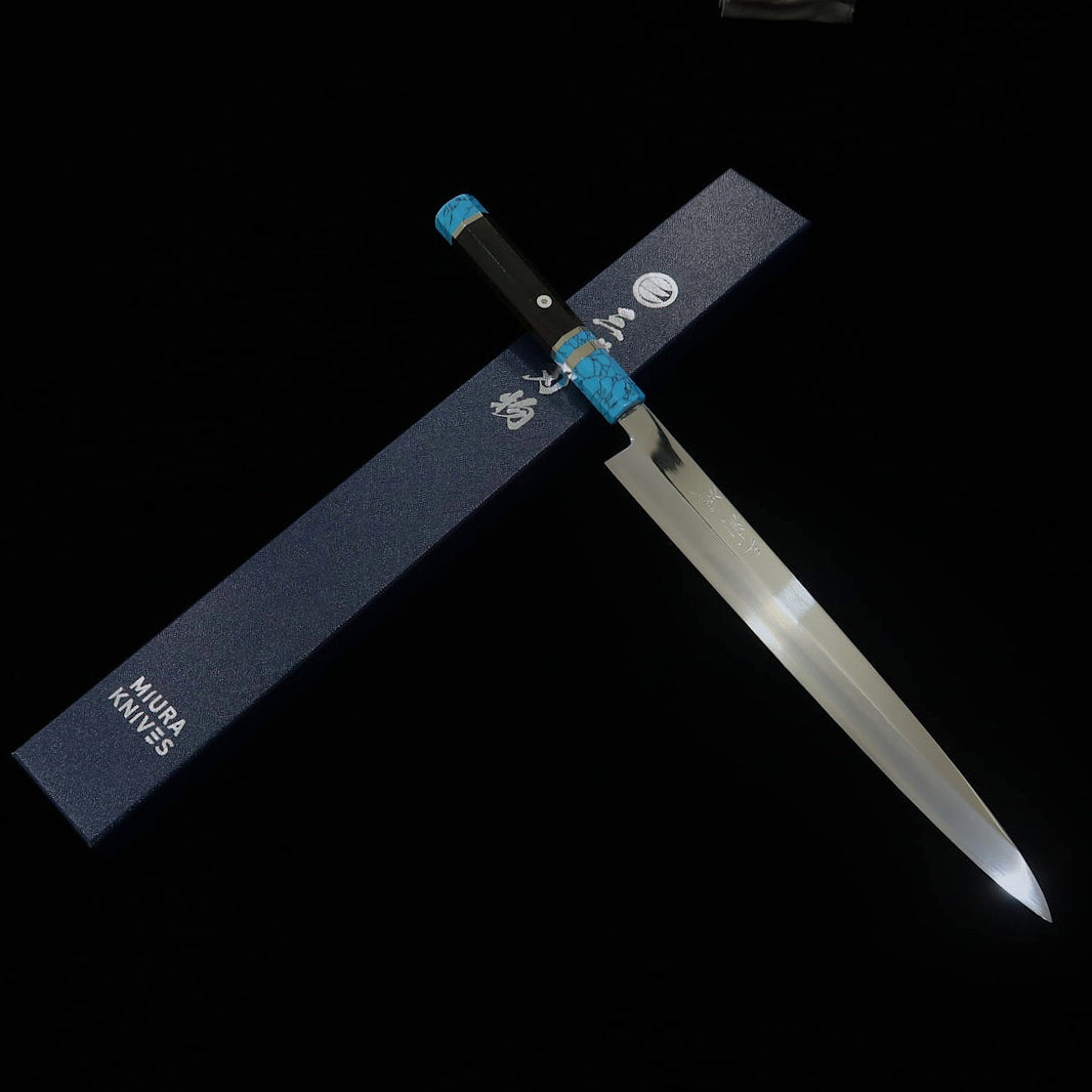 MIURA Obidama Yanagiba VG10, finition miroir, manche turquoise (270/300 mm)