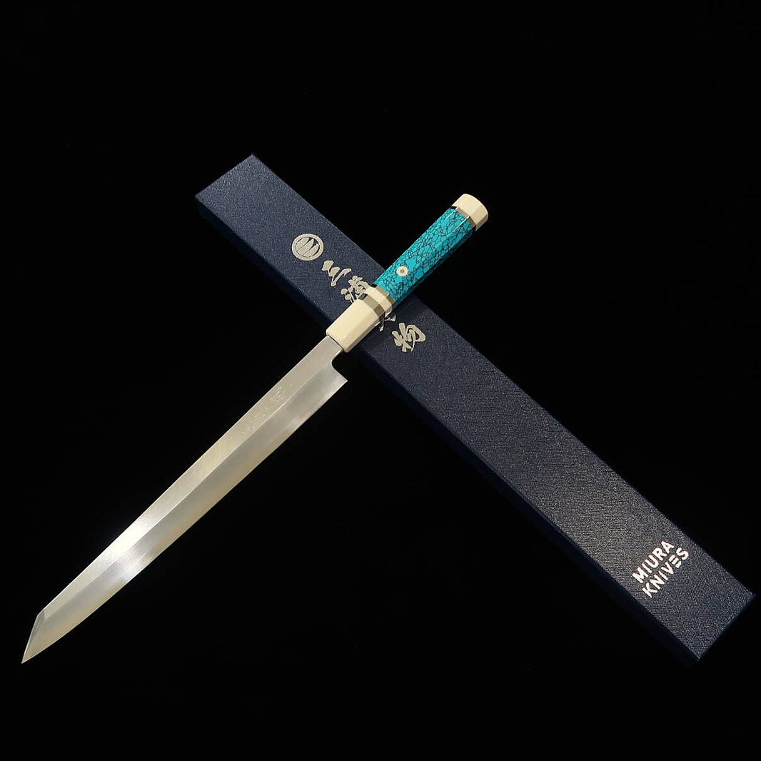 Miura佩 MIURA Obidama Kiritsuke Yanagiba Gaucher Gin-san n°3 Finition bois de polissage Manche turquoise (300 mm)