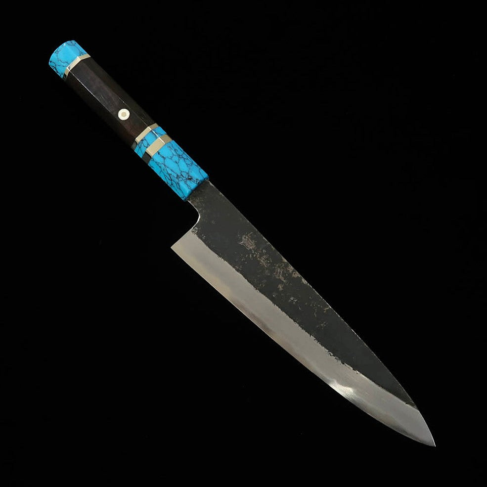 MIURA Itadaki Gyuto acier blanc n°2, finition kuro-uchi, manche turquoise (210 mm)